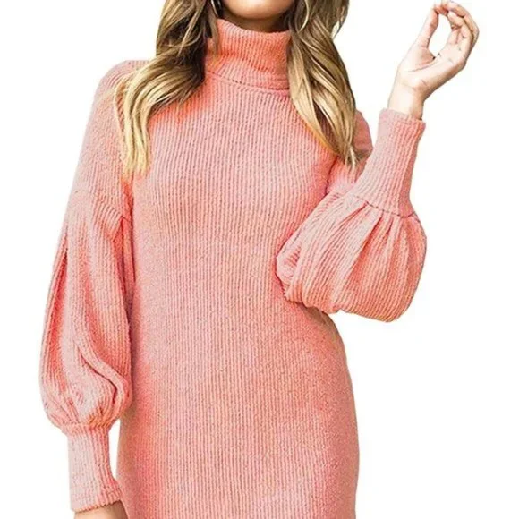 NWT Baby Pink Knit Mockneck Puff Sleeve Dress - Picture 2 of 4
